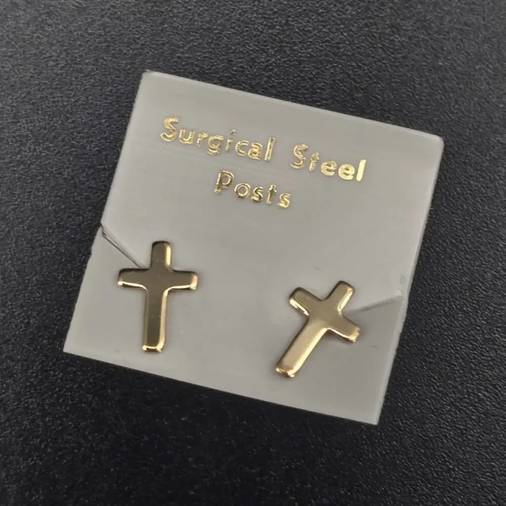 Gold Tone Cross Stud Earrings Surgical Steel Posts Religious Dainty Jewelry